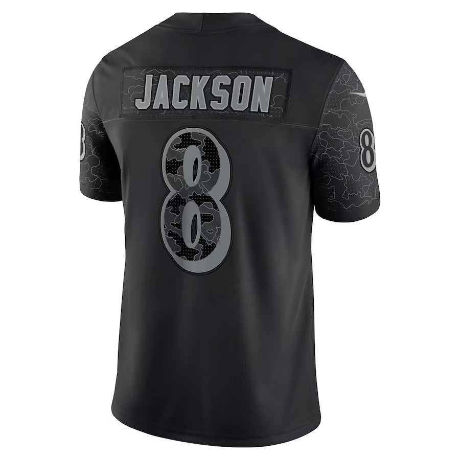 B.Ravens #8 Lamar Jackson Player Black REFLECTIVE Limited Odoa Stitched Jerseys