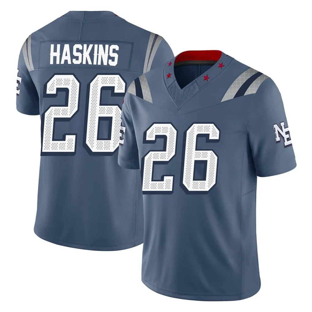 NE.Patriots #26 Hassan Haskins Player Blue Limited Rivalries Collection Home Game Odoa Stitched Jerseys
