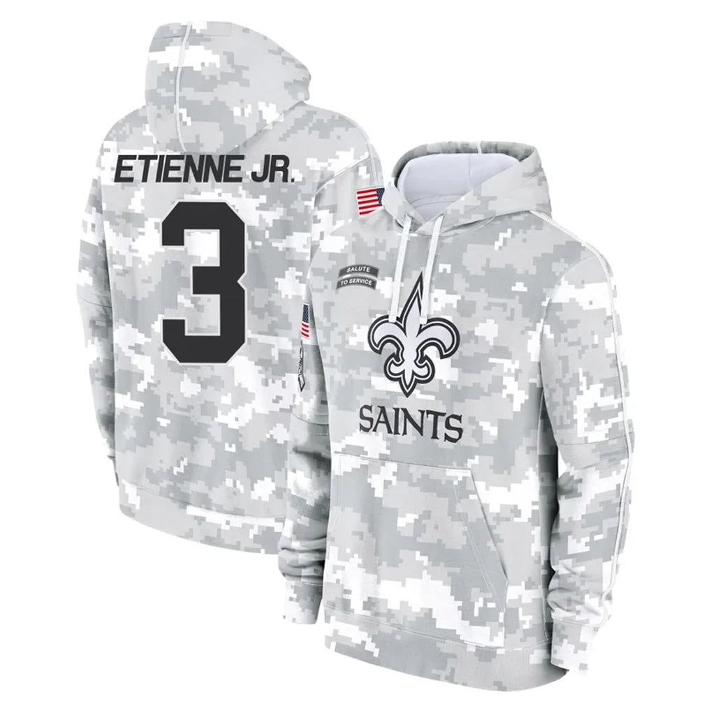 NO.Saints #3 Travis Etienne Jr. Player Arctic Camo Salute to Service Pullover Hoodies Limited Game Odoa Stitched Jerseys