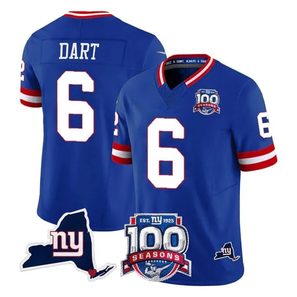 NY.Giants #6 Jaxson Dart Player Royal 100th Season & State Patch Vapor Limited Home Game Odoa Stitched Jerseys
