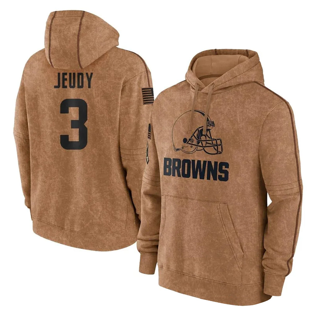 C.Browns #3 Jerry Jeudy Player Brown Salute to Service Hoodies Limited Game Odoa Stitched Jerseys