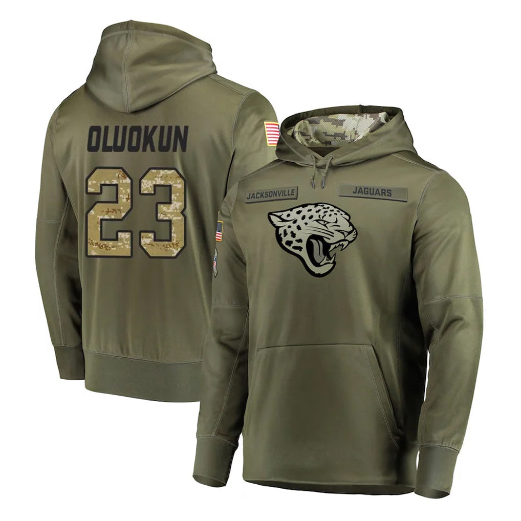 J.Jaguars #23 Foyesade Oluokun Player Olive Salute to Service Pullover Hoodies Home Game Odoa Stitched Jerseys