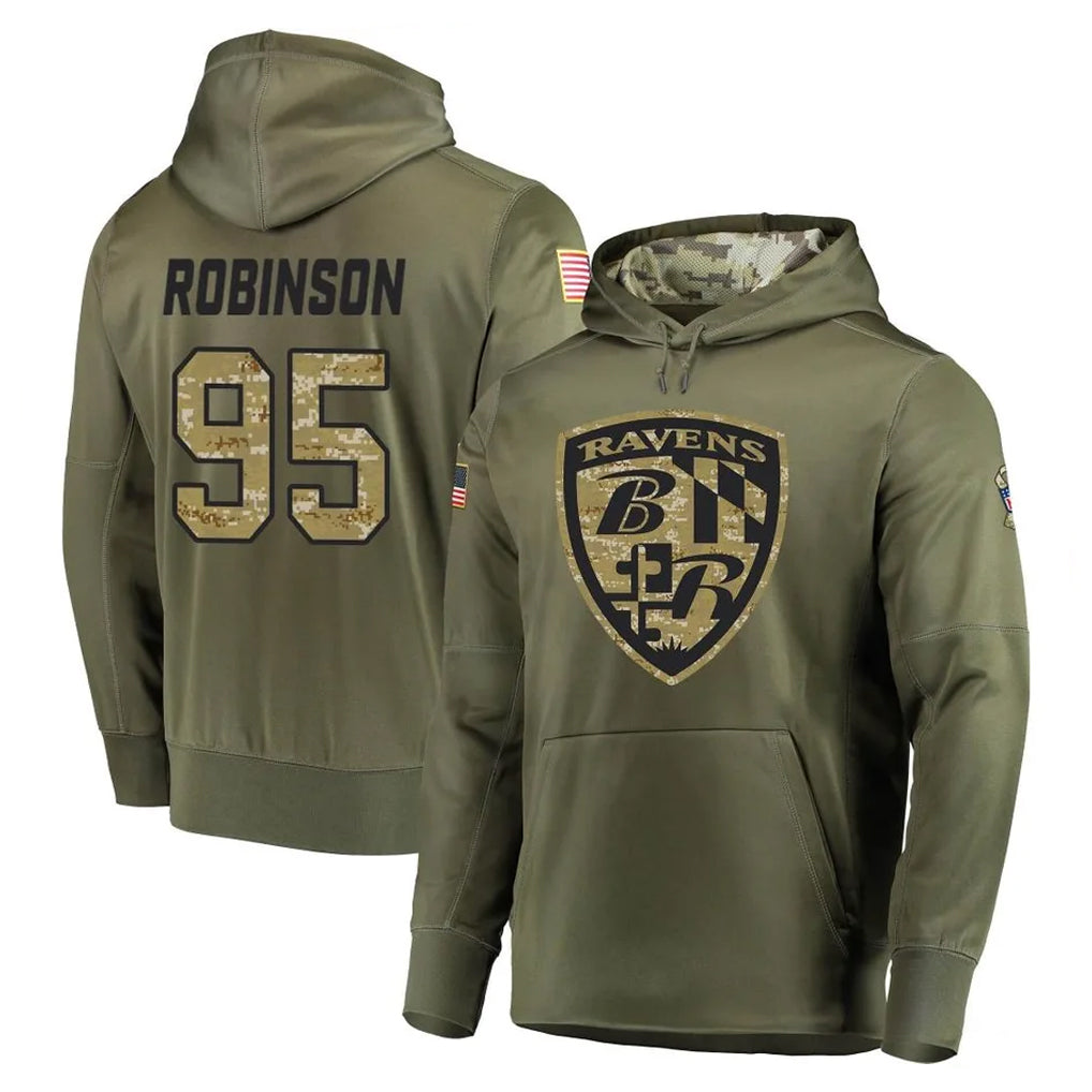 B.Ravens #95 Tavius Robinson Player Olive Salute to Service Pullover Hoodie Odoa Stitched Jerseys