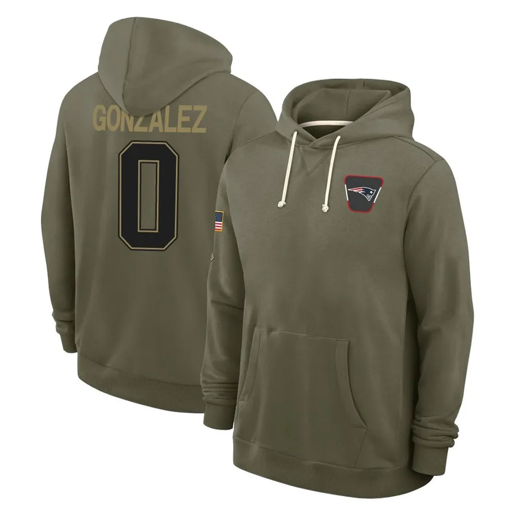 NE.Patriots #0 Christian Gonzalez Player Olive Salute to Service Pullover Hoodies Limited Odoa Stitched Jerseys