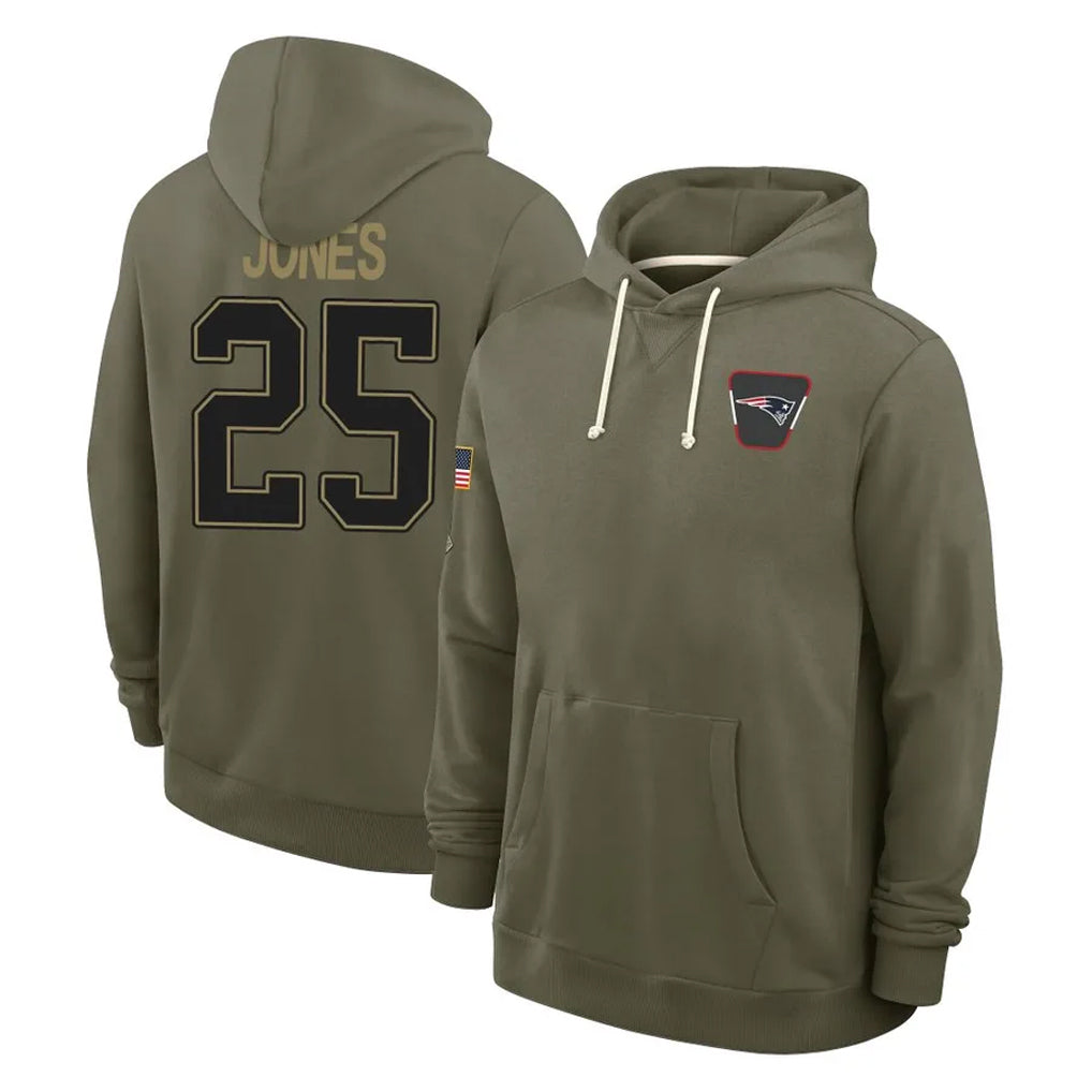 NE.Patriots #25 Marcus Jones Player Olive Salute to Service Pullover Hoodies Limited Odoa Stitched Jerseys