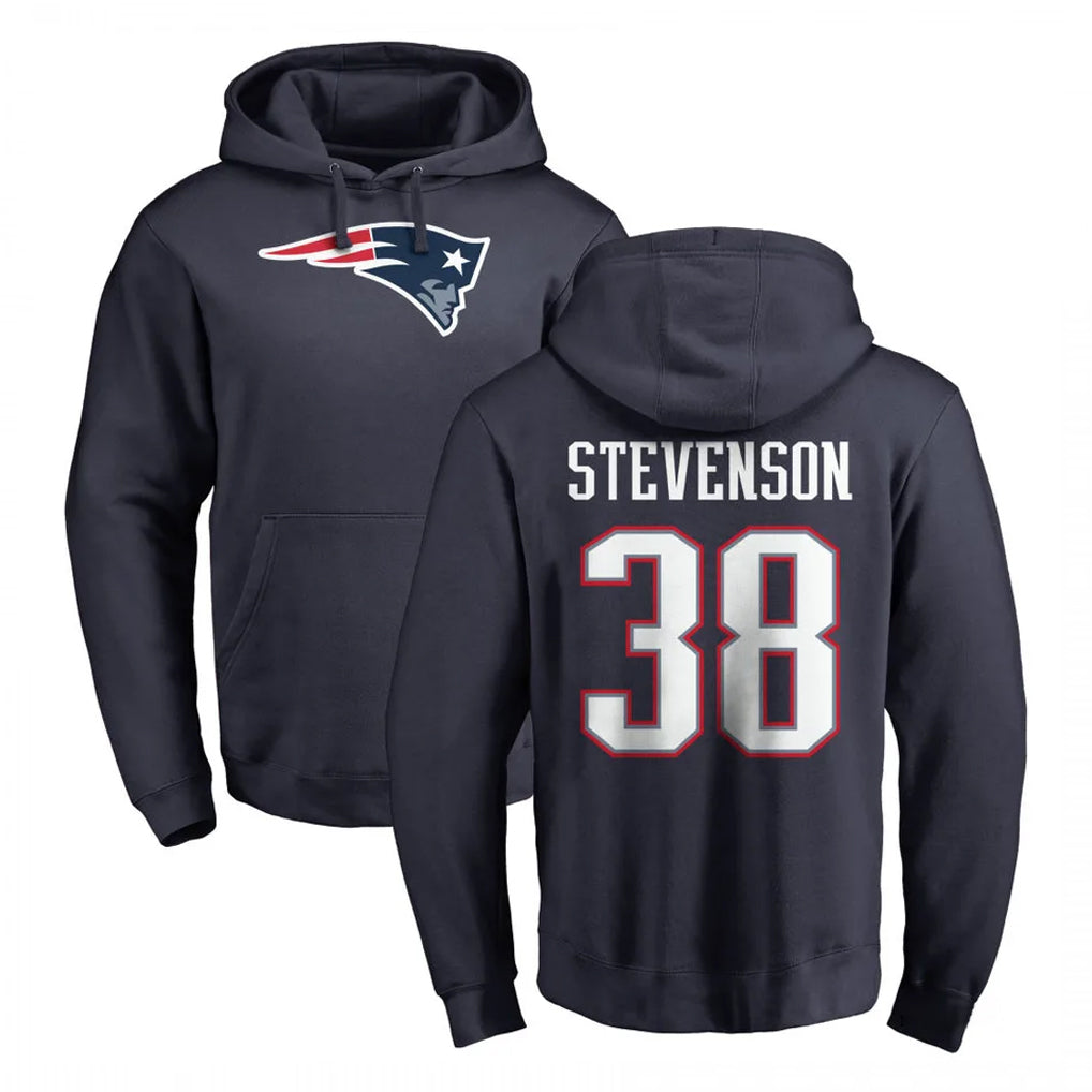 NE.Patriots #38 Rhamondre Stevenson Player Navy LOGO Pullover Hoodies Home Game Odoa Stitched Jerseys