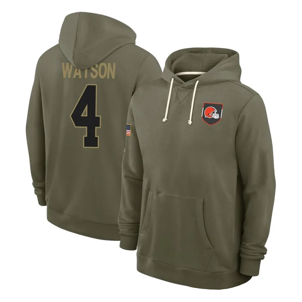 C.Browns #4 Deshaun Watson Player Olive Salute to Service Pullover Hoodies Limited Odoa Stitched Jerseys