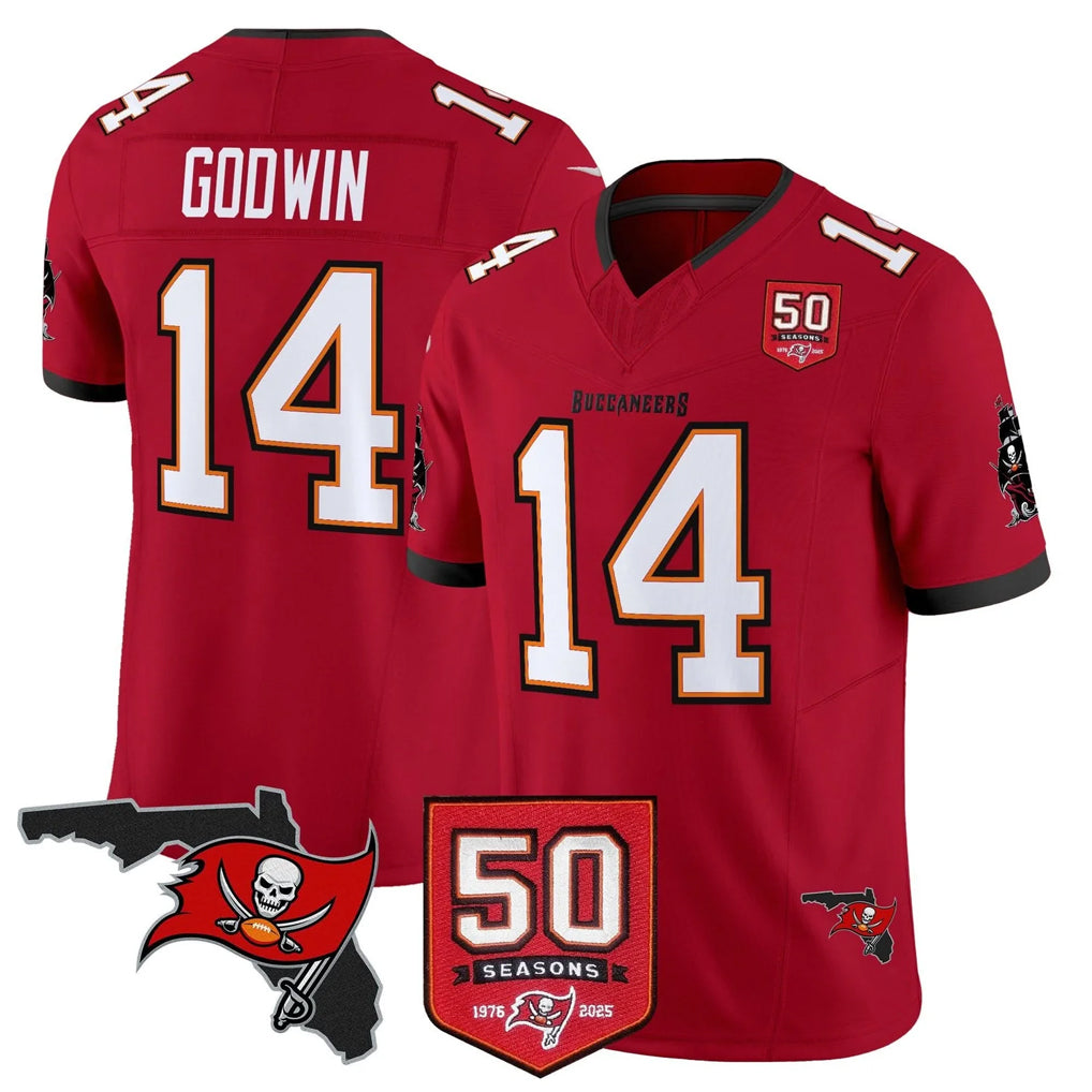 TB.Buccaneers #14 Chris Godwin Jr. Player Red 50th Season Vapor Limited Home Game Odoa Stitched Jerseys