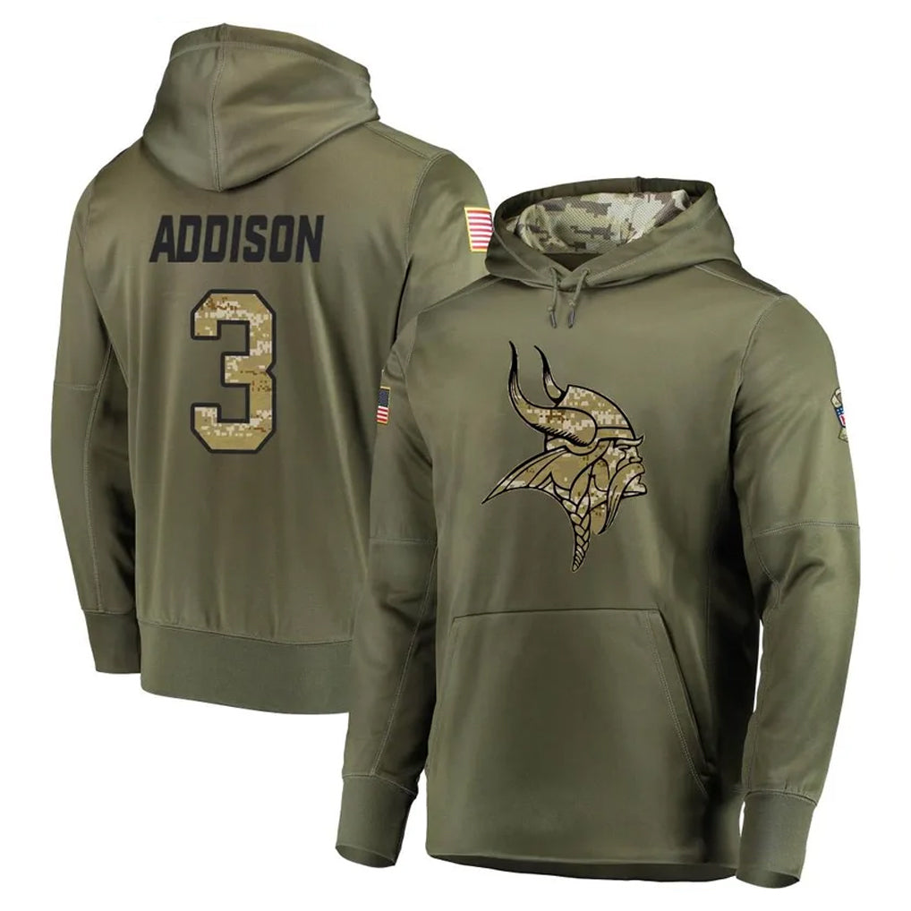 M.Vikings #3 Jordan Addison Player Olive Salute to Service Pullover Hoodies Home Game Odoa Stitched Jerseys