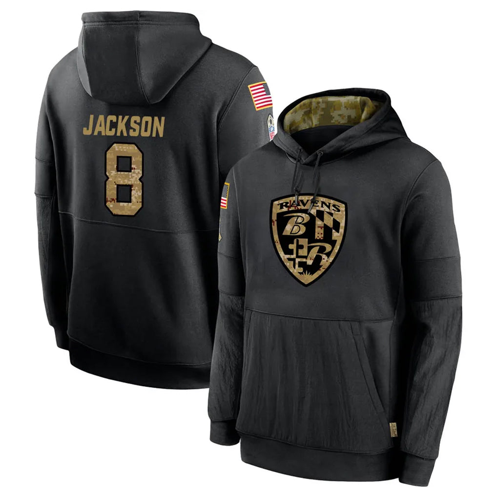 B.Ravens #8 Lamar Jackson Player Black Salute to Service Pullover Hoodie Odoa Stitched Jerseys