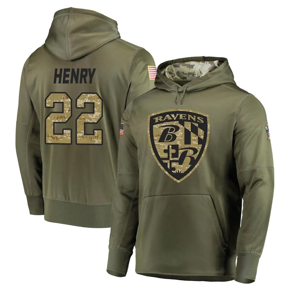 B.Ravens #22 Derrick Henry Player Olive Salute to Service Pullover Hoodie Odoa Stitched Jerseys