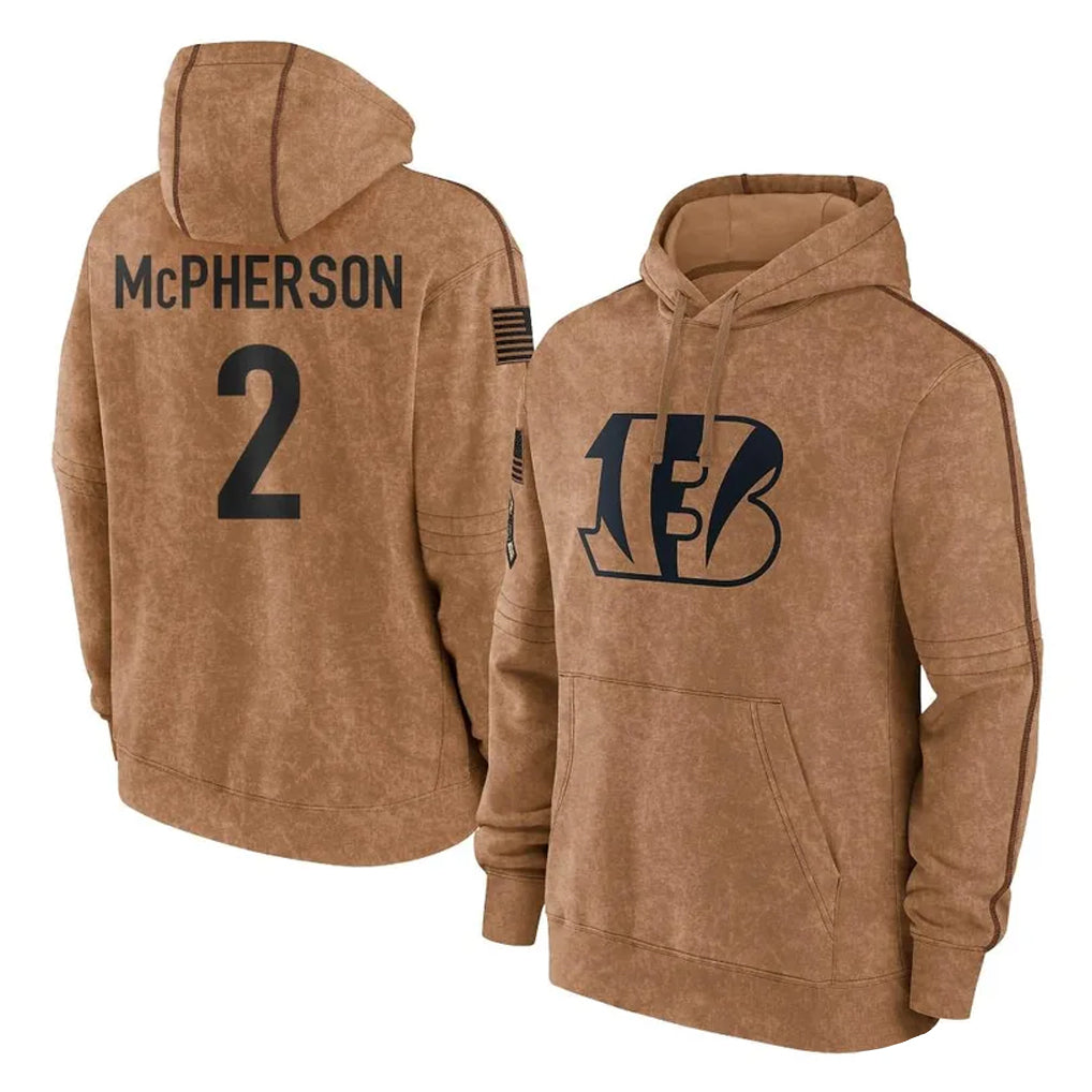 C.Bengals #2 Evan McPherson Player Brown Salute to Service Pullover Hoodie Limited Odoa Stitched Jerseys