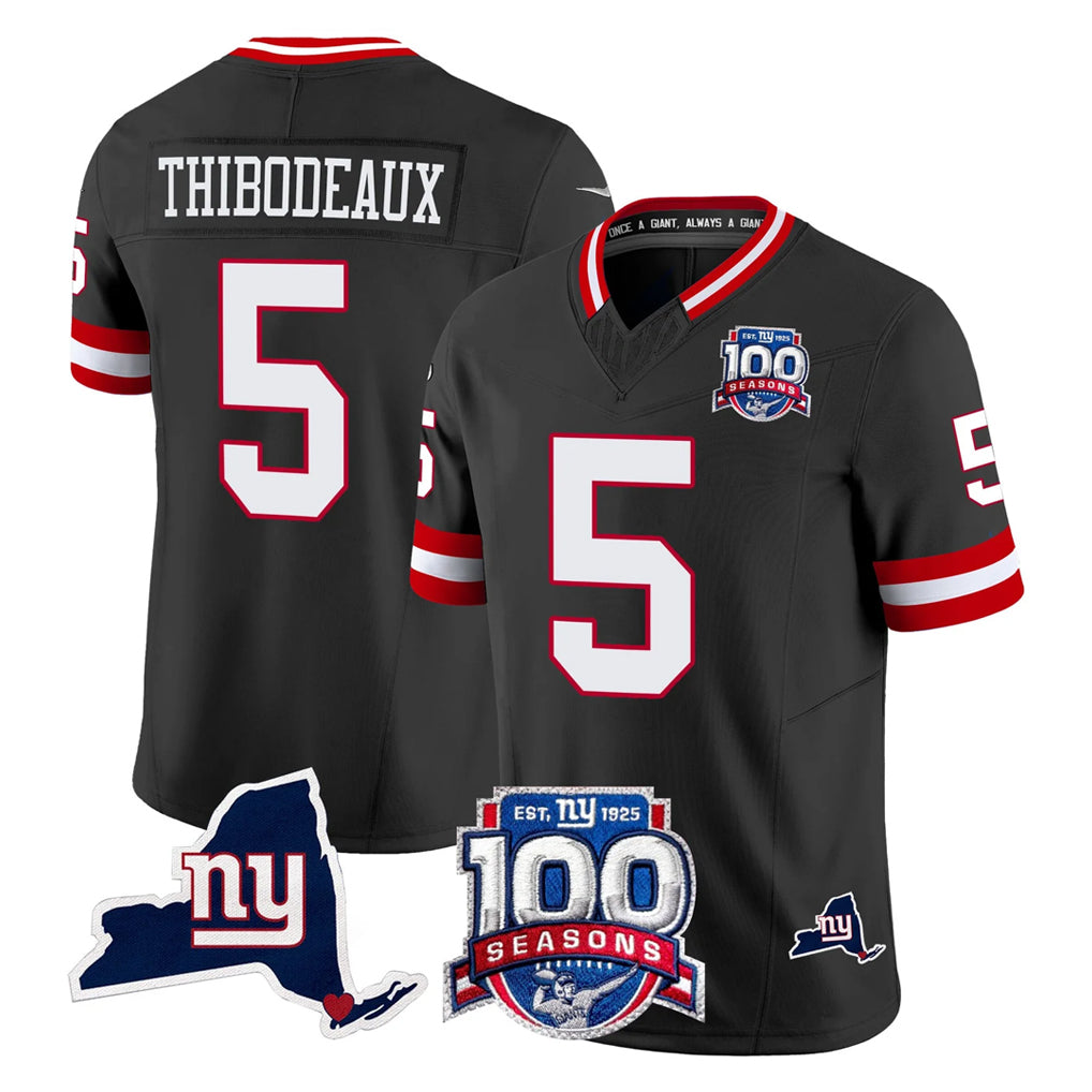 NY.Giants #5 Kayvon Thibodeaux Player Black 100th Season & State Patch Vapor Limited Home Game Odoa Stitched Jerseys