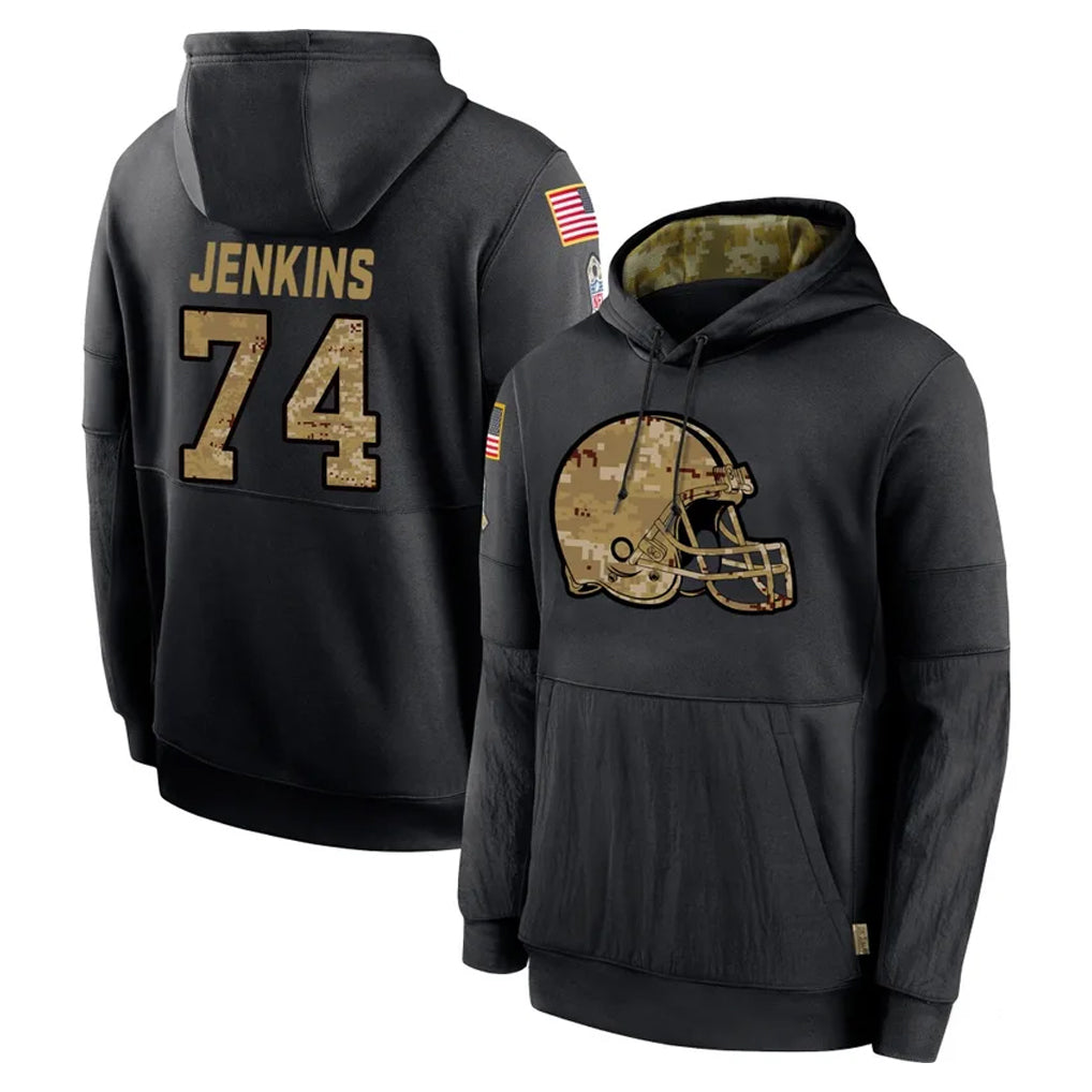 C.Browns #74 Elgton Jenkins Player Black Salute to Service Pullover Hoodies Limited Odoa Stitched Jerseys