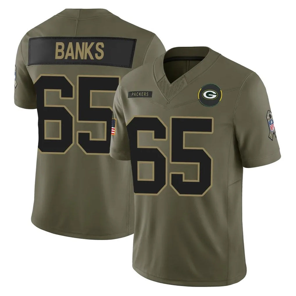GB.Packers #65 Aaron Banks Player Olive 2025 Salute To Service Limited Home Game Odoa Stitched Jerseys