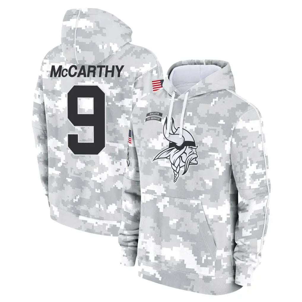 M.Vikings #9 J.J. McCarthy Player Arctic Camo Salute to Service Pullover Hoodies Limited Game Odoa Stitched Jerseys