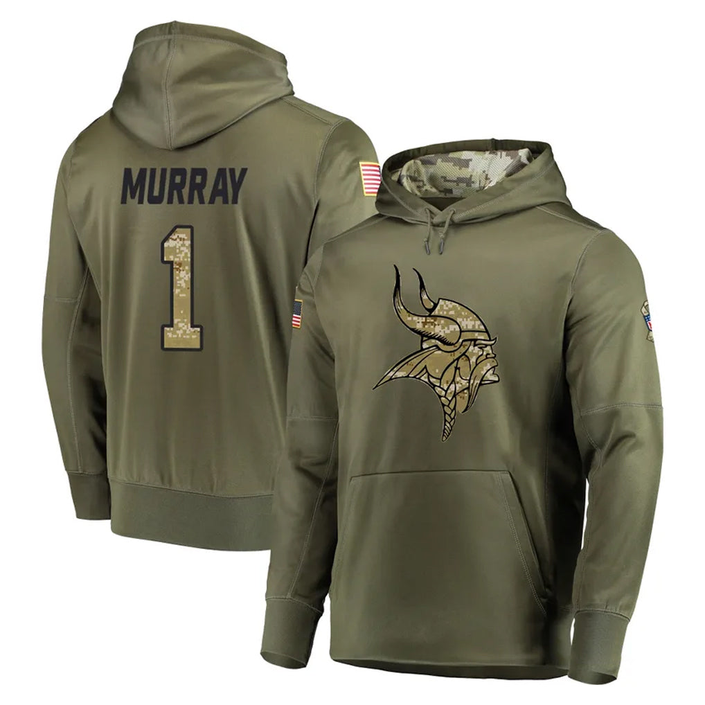 M.Vikings #1 Kyler Murray Player Olive Salute to Service Pullover Hoodies Home Game Odoa Stitched Jerseys