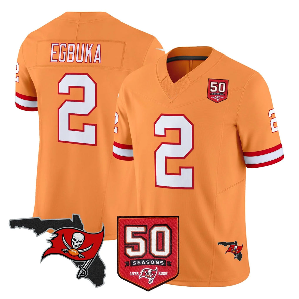 TB.Buccaneers #2 Emeka Egbuka Player Orange 50th Season Vapor Limited Home Game Odoa Stitched Jerseys