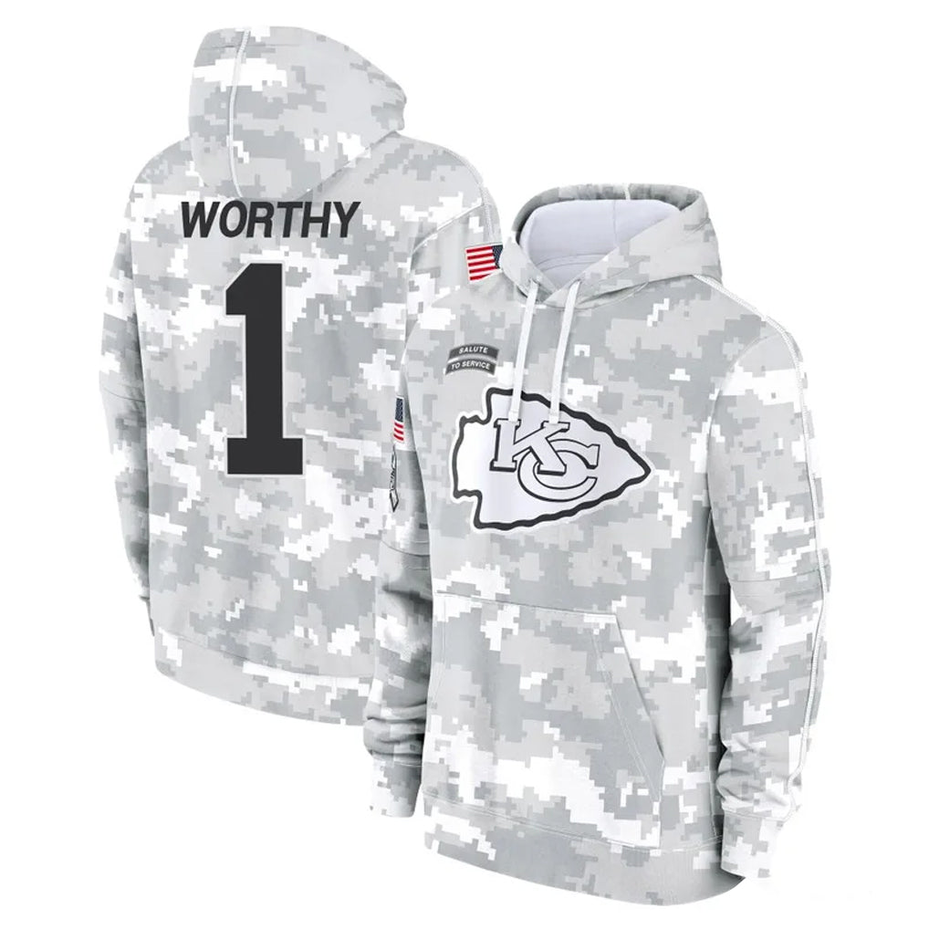 KC.Chiefs #1 Xavier Worthy Player Arctic Camo Salute to Service Hoodies Limited Game Odoa Stitched Jerseys