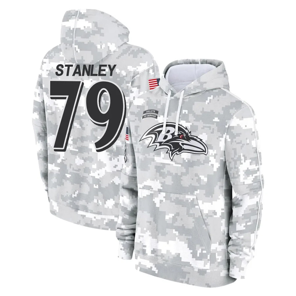 B.Ravens #79 Ronnie Stanley Player Arctic Camo Salute to Service Pullover Hoodie Odoa Stitched Jerseys