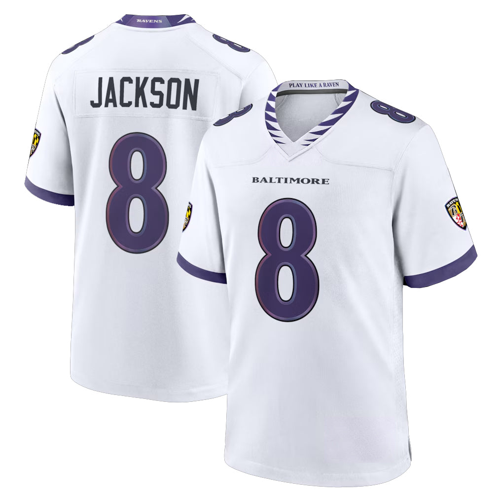 B.Ravens #8 Lamar Jackson Player White Home Game Odoa Stitched Jerseys
