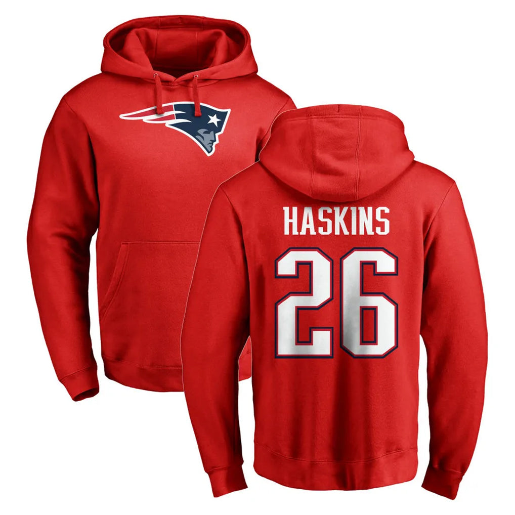 NE.Patriots #26 Hassan Haskins Player Red LOGO Pullover Hoodies Home Game Odoa Stitched Jerseys