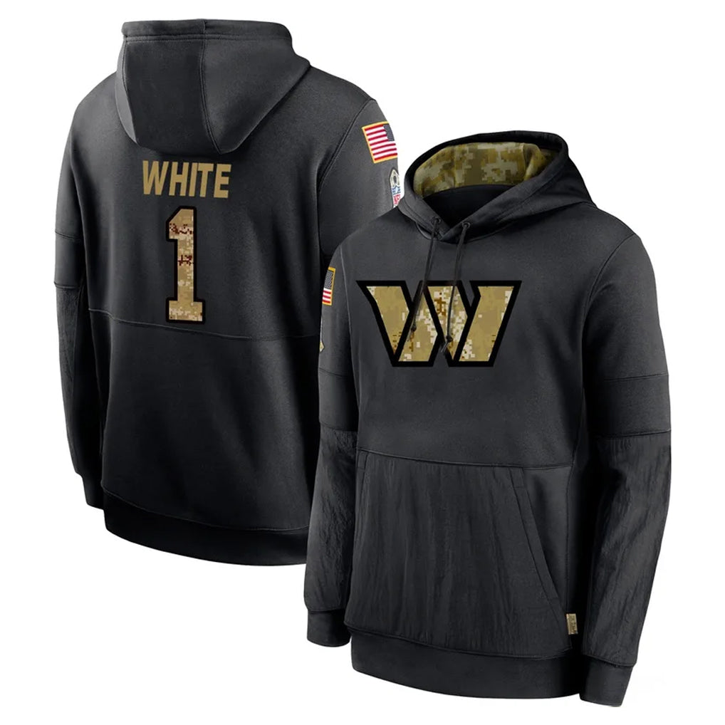 W.Commanders #1 Rachaad White Player Black Salute to Service Performance Pullover Hoodies Home Game Odoa Stitched Jerseys