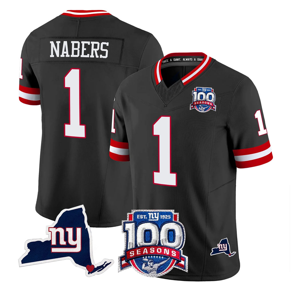 NY.Giants #1 Malik Nabers Player Black 100th Season & State Patch Vapor Limited Home Game Odoa Stitched Jerseys