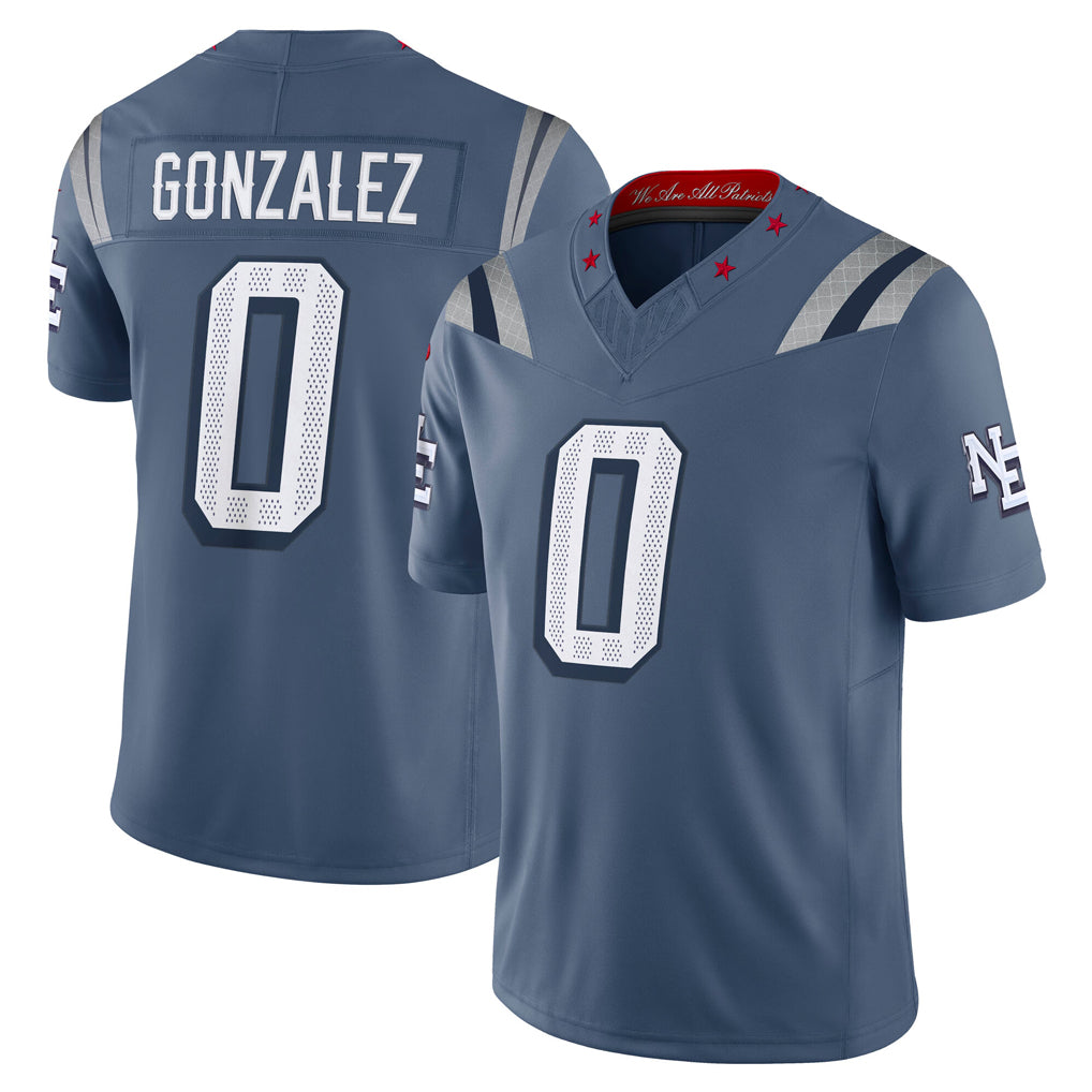 NE.Patriots #0 Christian Gonzalez Player Blue Limited Rivalries Collection Home Game Odoa Stitched Jerseys
