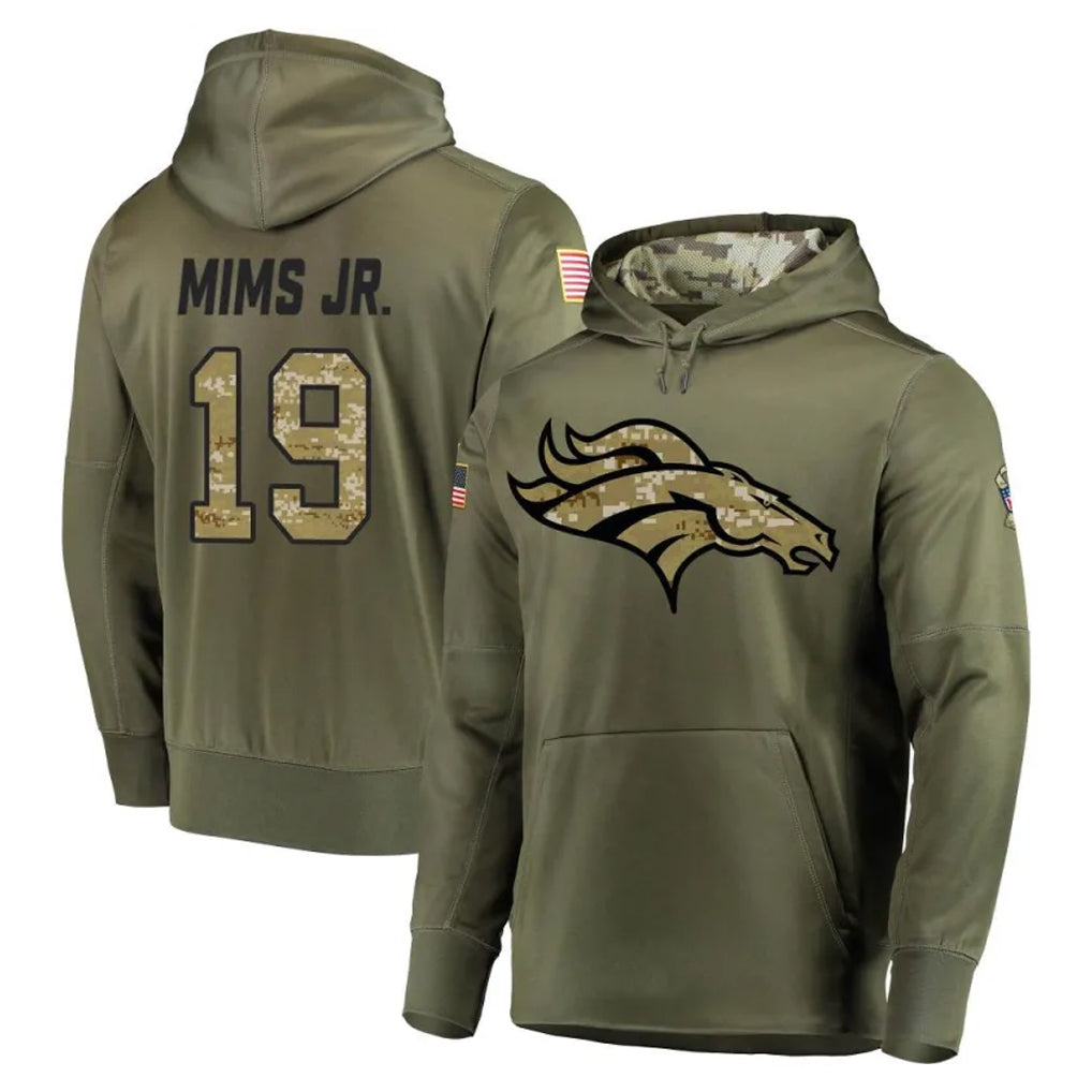 D.Broncos #19 Marvin Mims Jr. Player Olive Salute to Service Pullover Hoodies Home Game Odoa Stitched Jerseys