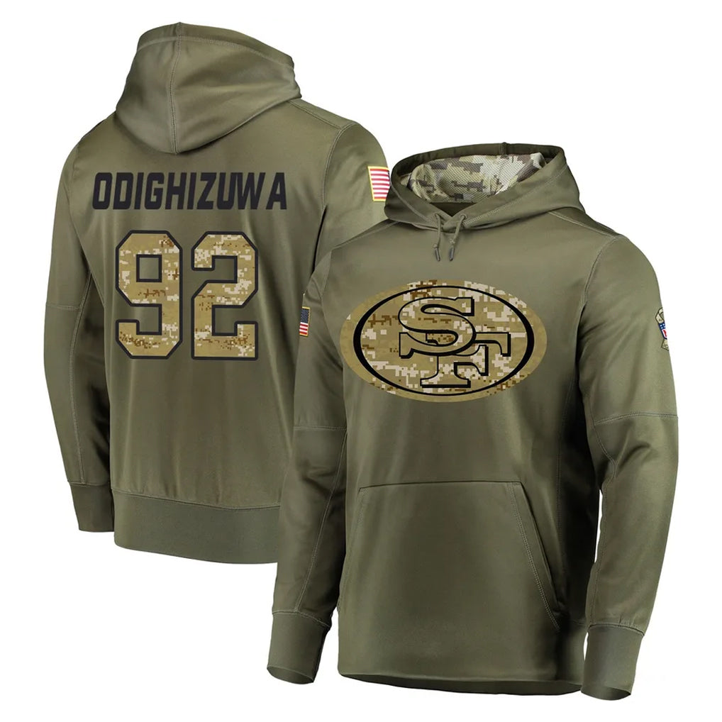SF.49ers #92 Osa Odighizuwa Player Olive Salute to Service Pullover Hoodie Home Game Odoa Stitched Jerseys
