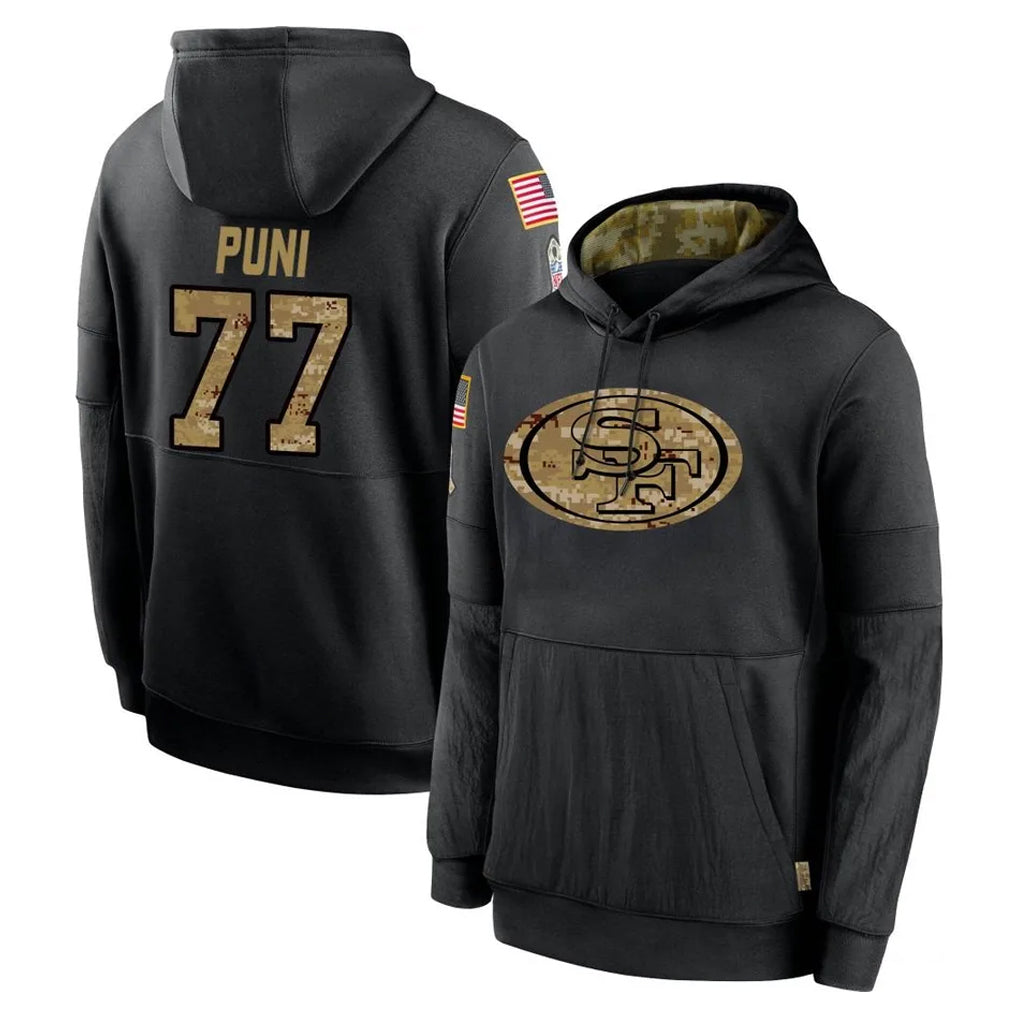 SF.49ers #77 Dominick Puni Player Black Salute to Service Sideline Performance Pullover Hoodies Home Game Odoa Stitched Jerseys