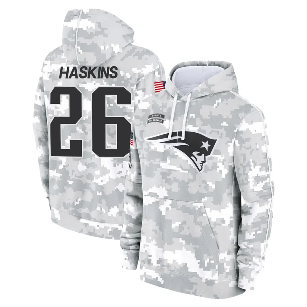 NE.Patriots #26 Hassan Haskins Player Arctic Camo Salute to Service Pullover Hoodies Limited Game Odoa Stitched Jerseys