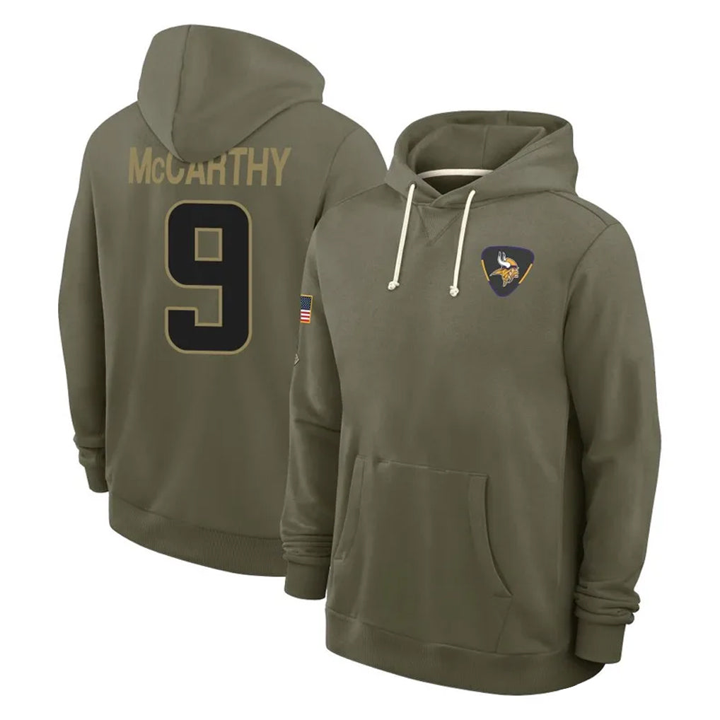 M.Vikings #9 J.J. McCarthy Player Olive Salute to Service Pullover Hoodies Limited Odoa Stitched Jerseys