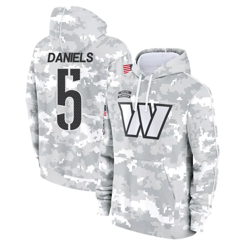 W.Commanders #5 Jayden Daniels Player Arctic Camo Limited Salute to Service Pullover Hoodies Game Odoa Stitched Jerseys