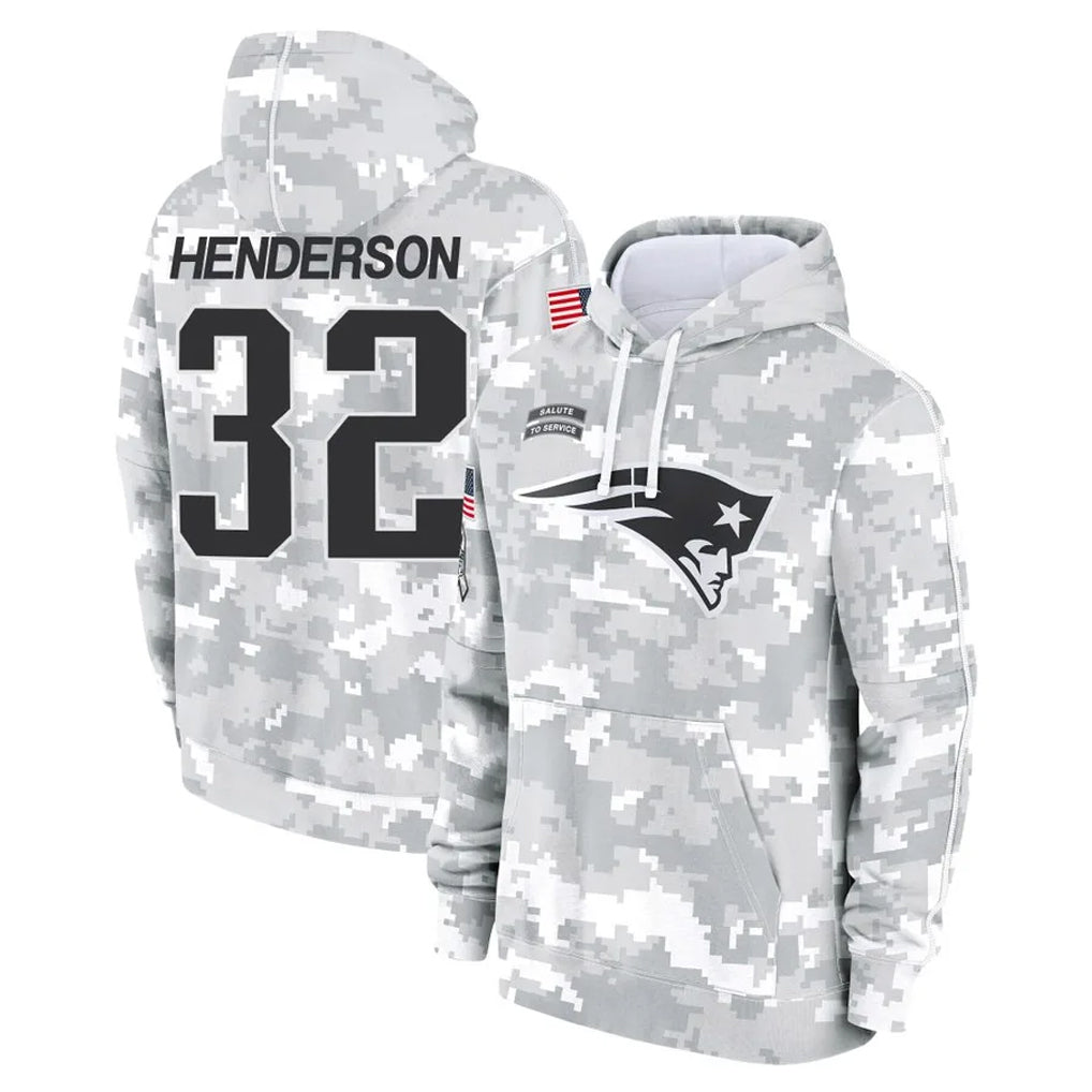 NE.Patriots #32 TreVeyon Henderson Player Arctic Camo Salute to Service Pullover Hoodies Limited Game Odoa Stitched Jerseys