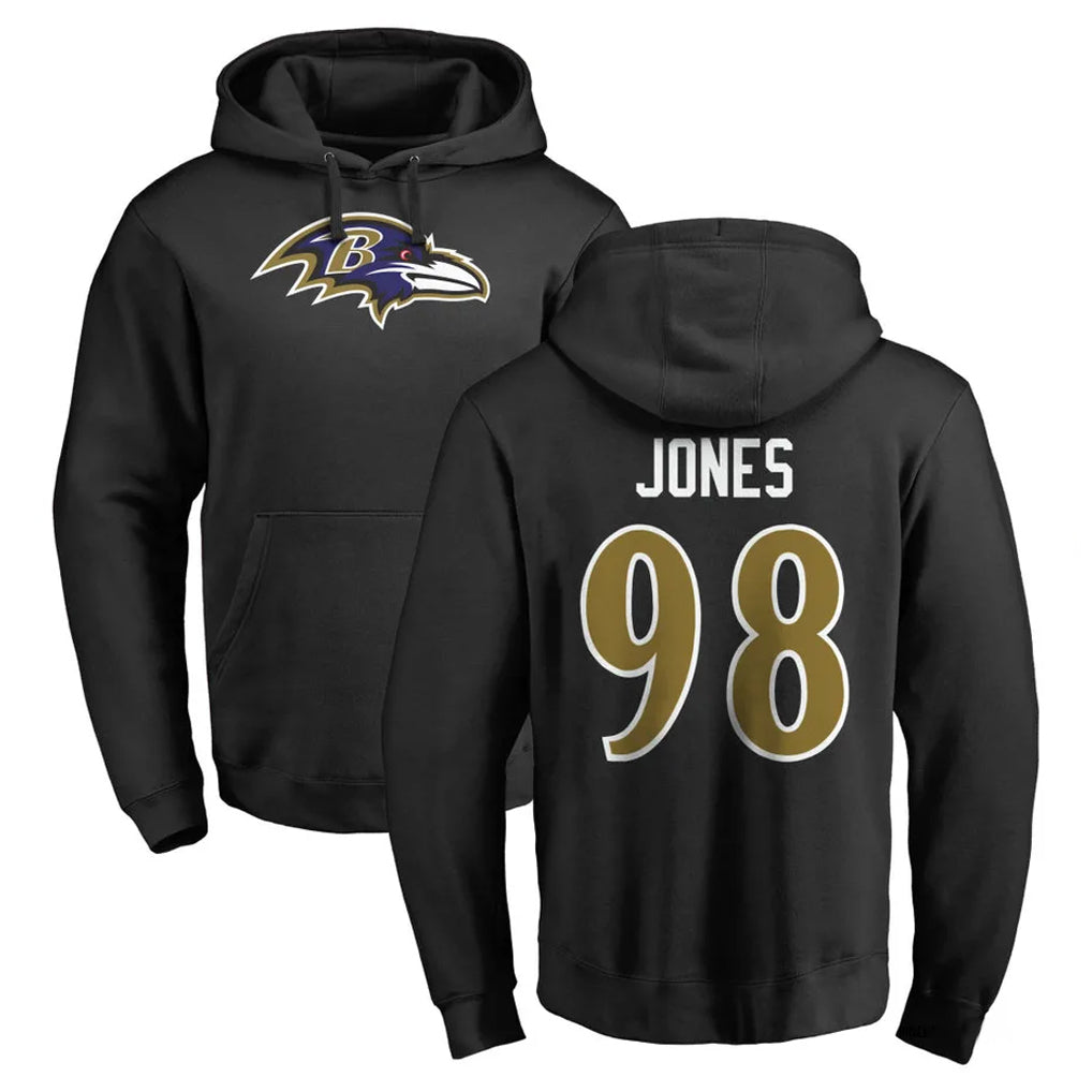 B.Ravens #98 Travis Jones Player Black Pullover Hoodie Odoa Stitched Jerseys