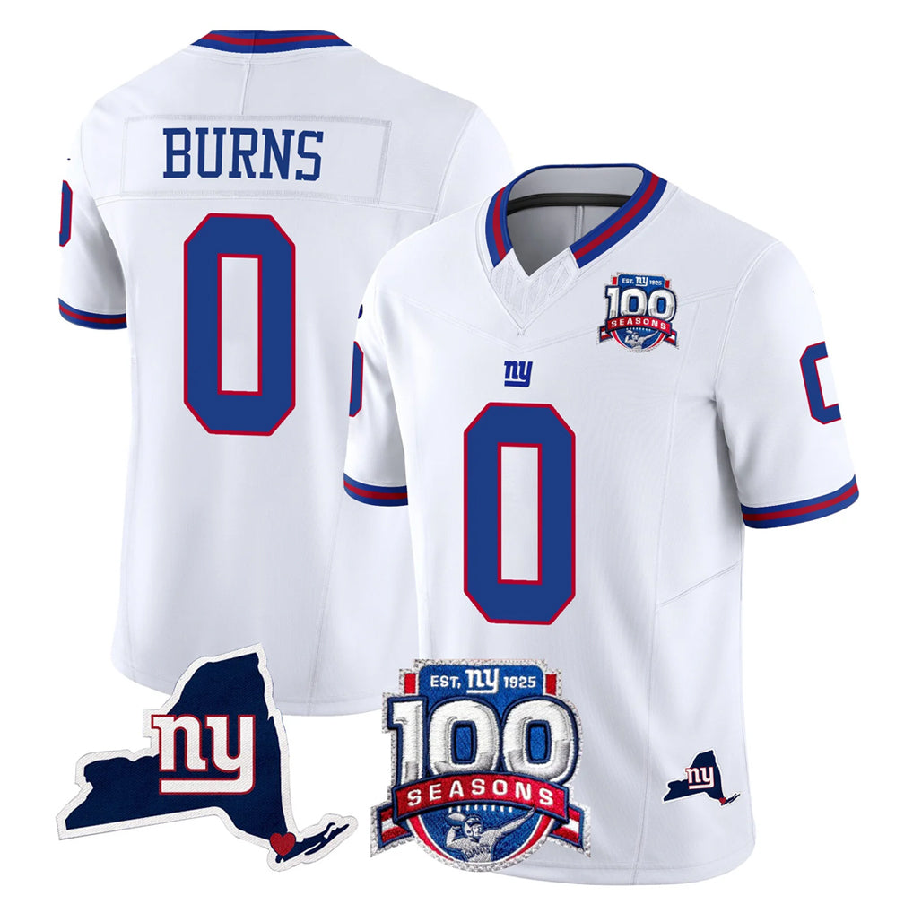 NY.Giants #0 Brian Burns Player White 100th Season & State Patch Vapor Limited Home Game Odoa Stitched Jerseys