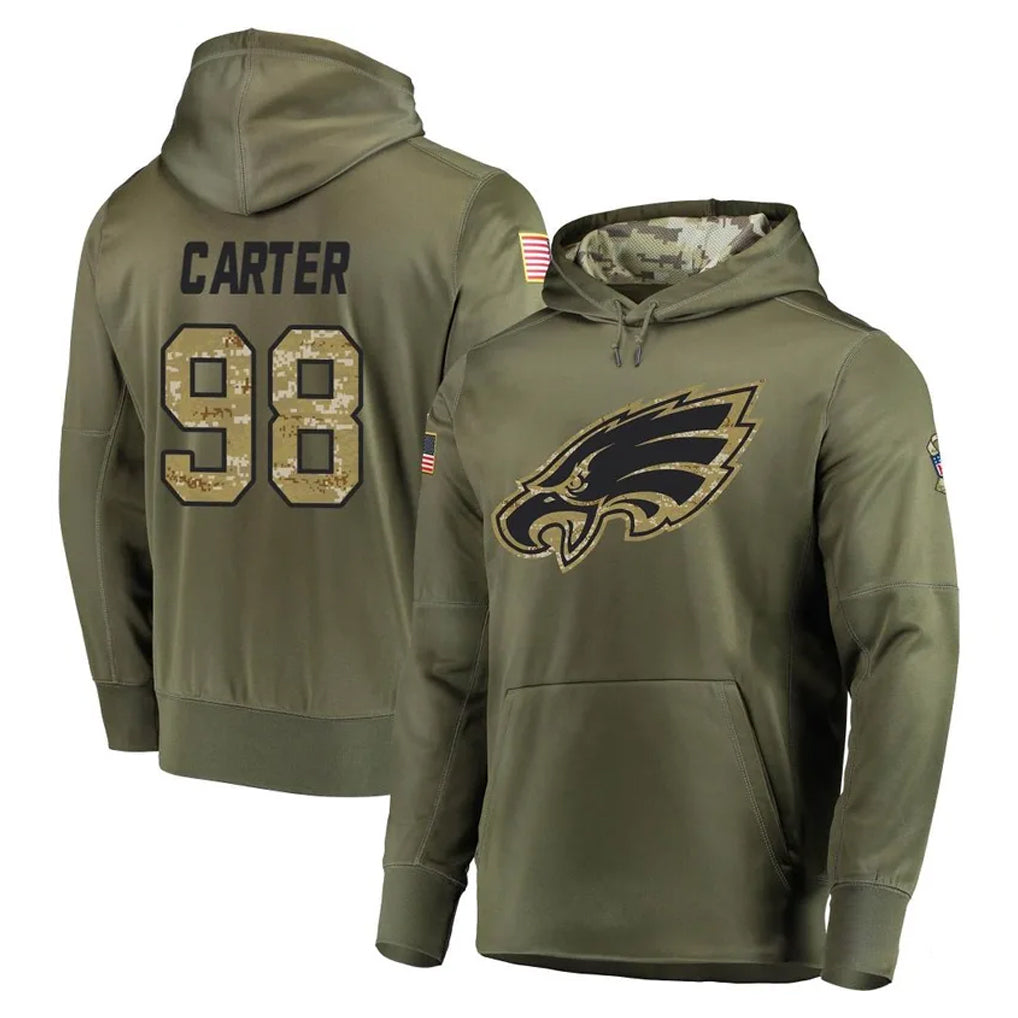 P.Eagles #98 Jalen Carter Player Olive Salute to Service Pullover Hoodies Home Game Odoa Stitched Jerseys