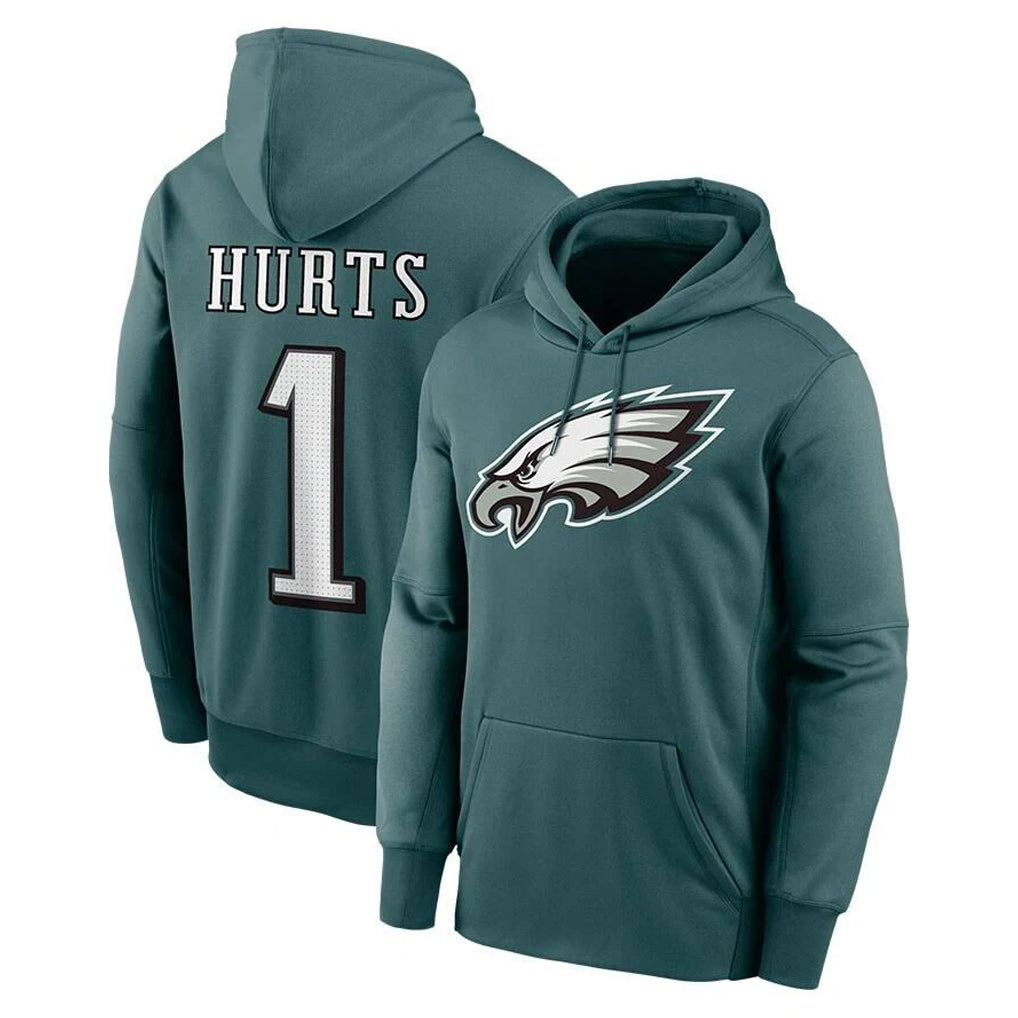P.Eagles #1 Jalen Hurts Player Midnight Green Performance Pullover Hoodies Home Game Odoa Stitched Jerseys