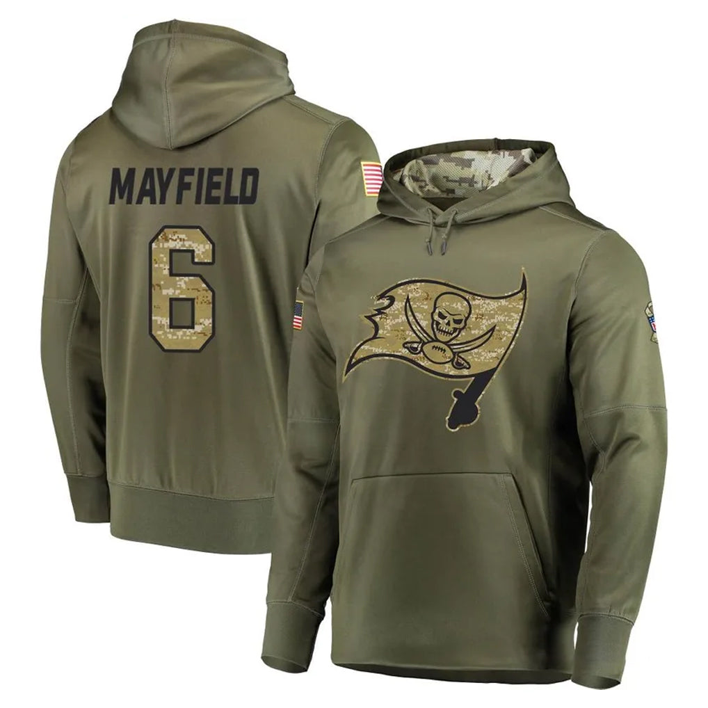 TB.Buccaneers #6 Baker Mayfield Player Olive Salute to Service Pullover Hoodie Home Game Odoa Stitched Jerseys