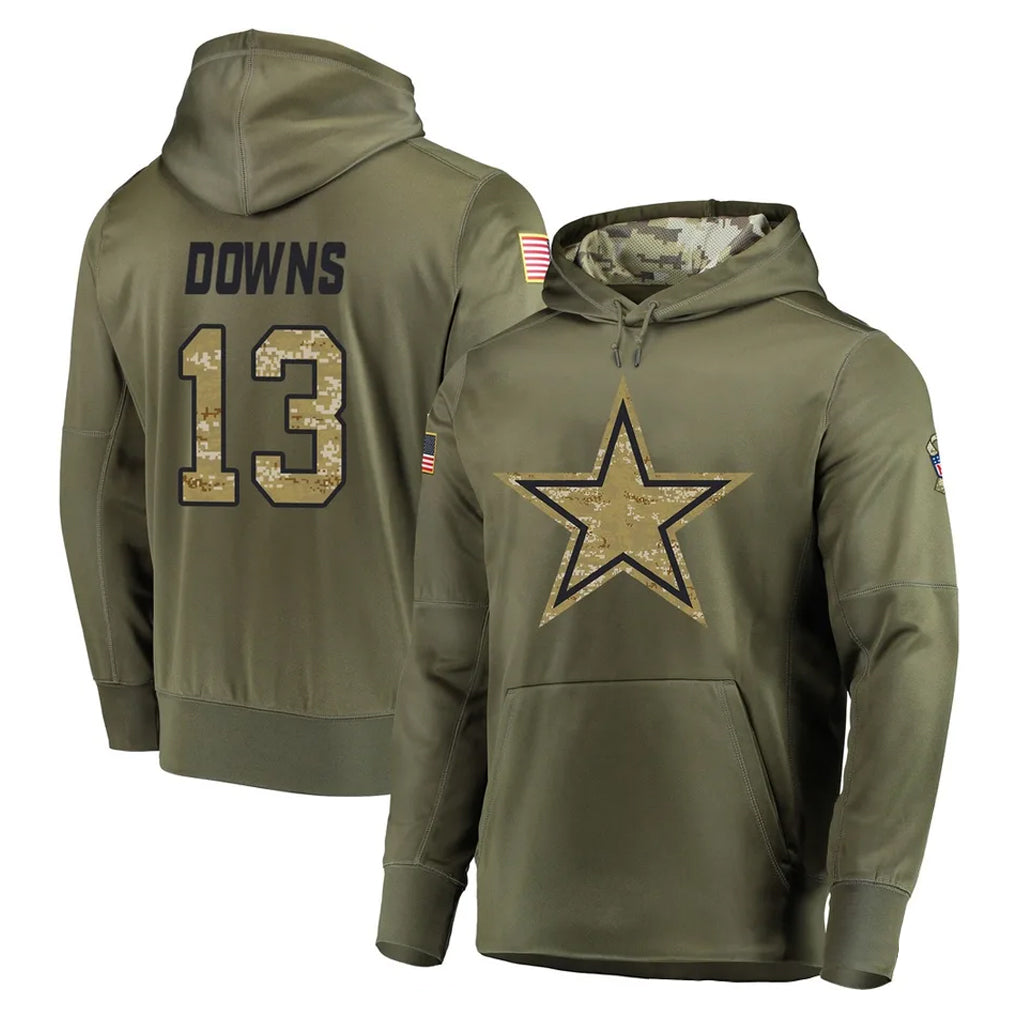 D.Cowboys #13 Caleb Downs Player Olive Salute to Service Pullover Hoodies Home Game Odoa Stitched Jerseys