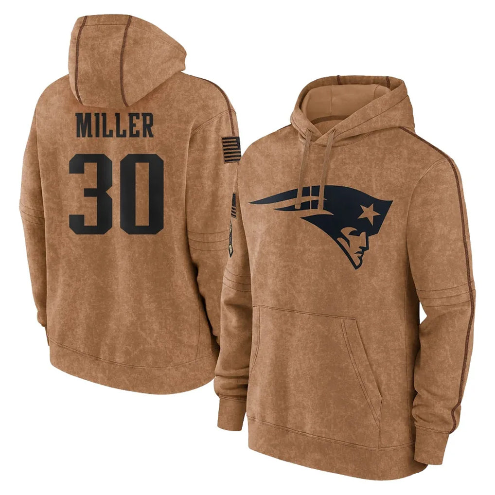 NE.Patriots #30 Jam Miller Player Brown Salute to Service Pullover Hoodies Limited Game Odoa Stitched Jerseys