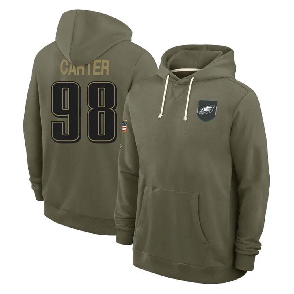 P.Eagles #98 Jalen Carter Player Olive Salute to Service Pullover Hoodies Limited Odoa Stitched Jerseys