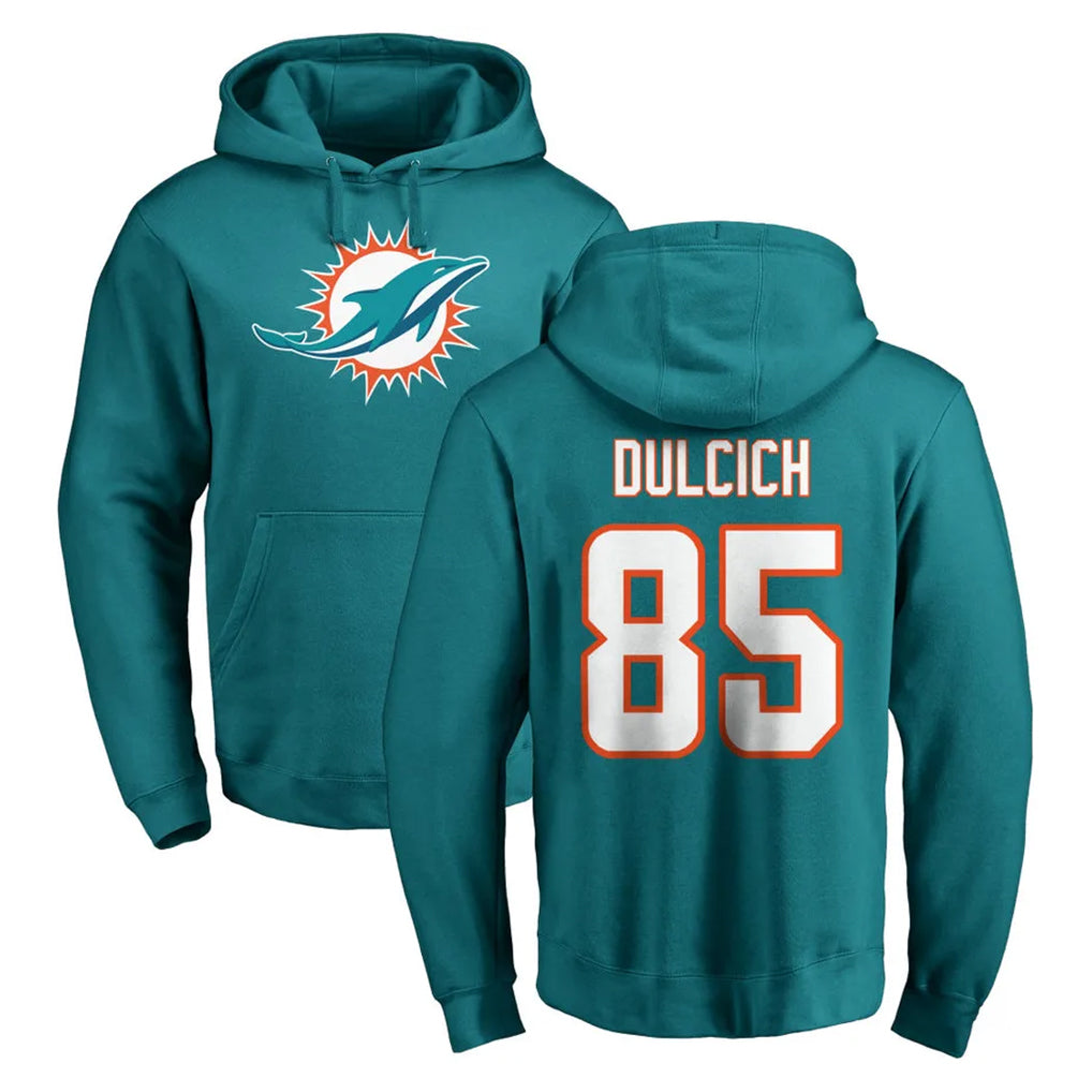 M.Dolphins #85 Greg Dulcich Player Aqua LOGO Pullover Hoodies Limited Odoa Stitched Jerseys