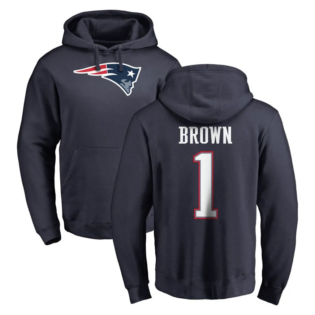 NE.Patriots #1 A.J. Brown Player Navy LOGO Pullover Hoodies Home Game Odoa Stitched Jerseys