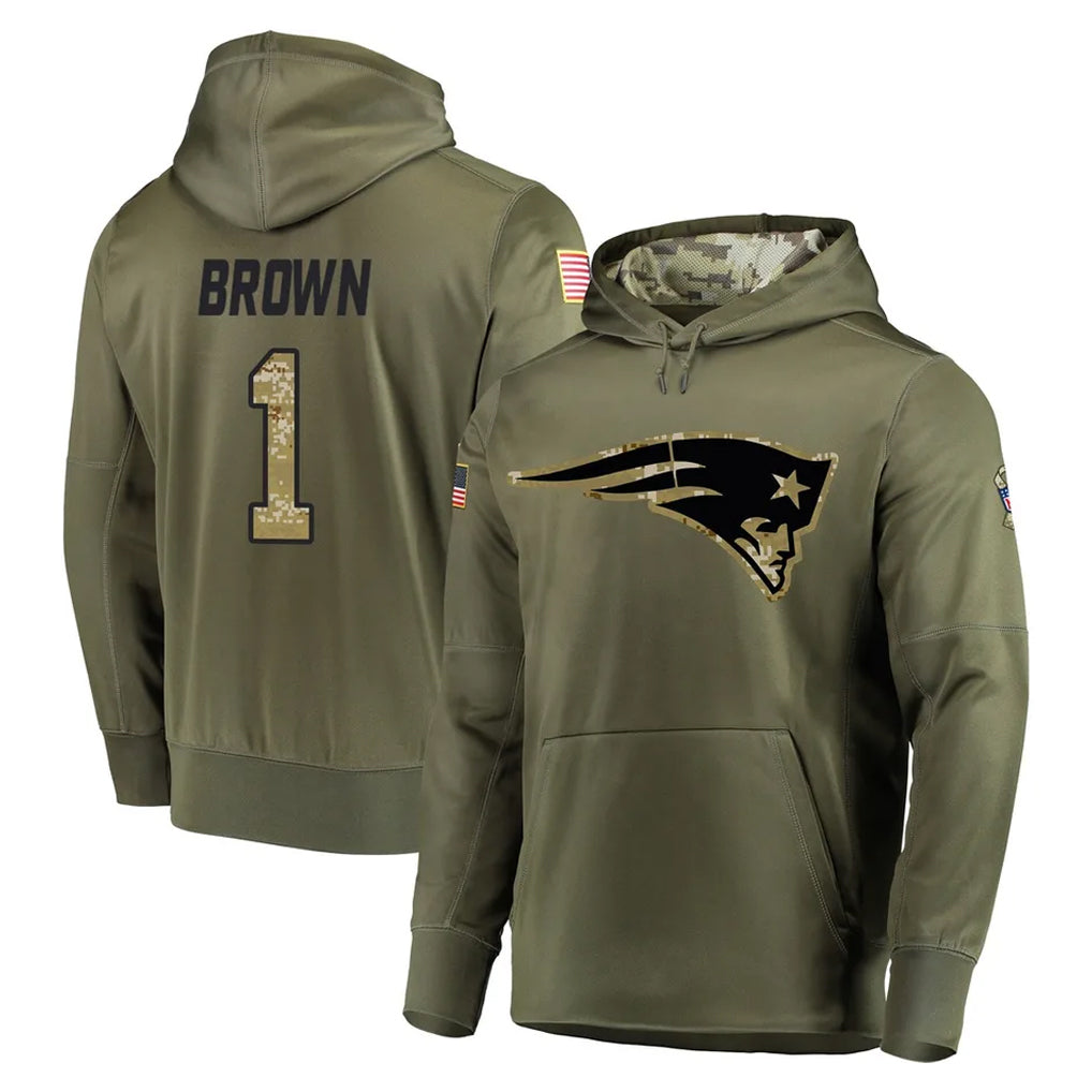 NE.Patriots #1 A.J. Brown Player Olive Salute to Service Pullover Hoodies Home Game Odoa Stitched Jerseys