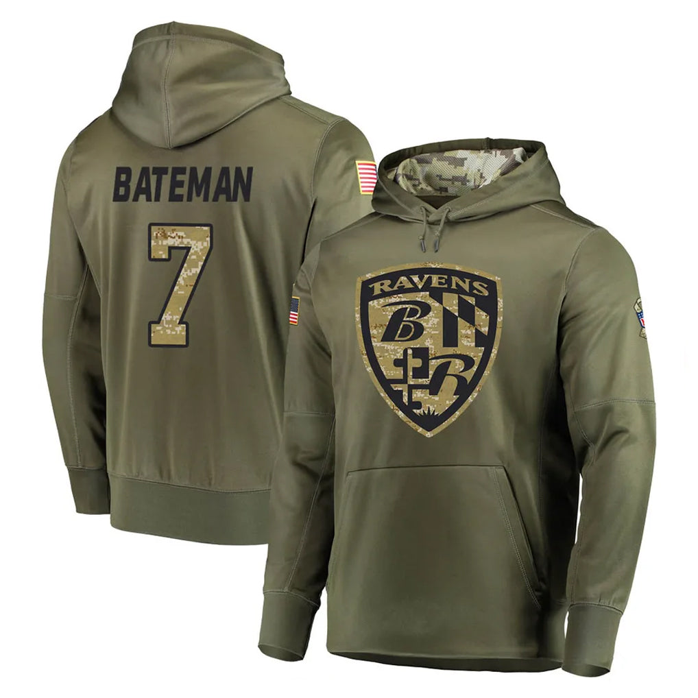 B.Ravens #7 Rashod Bateman Player Olive Salute to Service Pullover Hoodie Odoa Stitched Jerseys