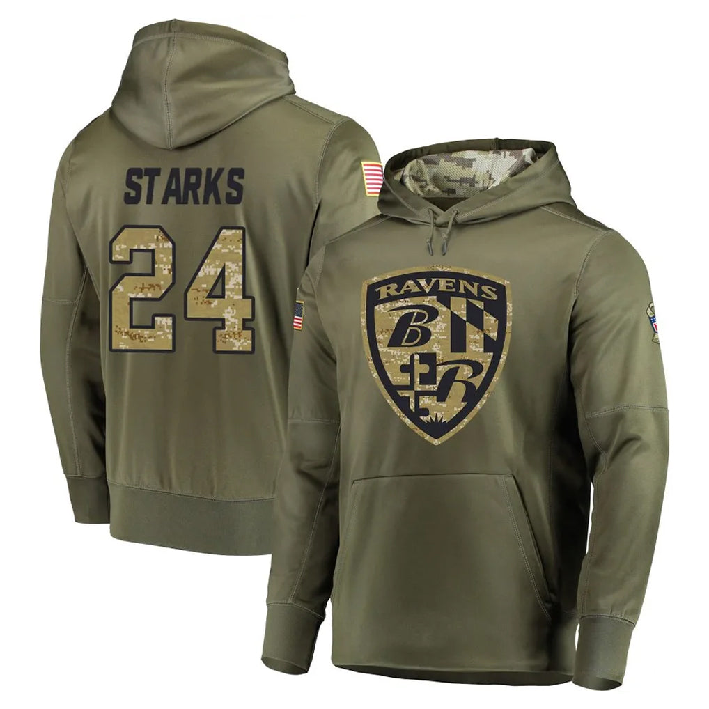B.Ravens #24 Malaki Starks Player Olive Salute to Service Pullover Hoodie Odoa Stitched Jerseys