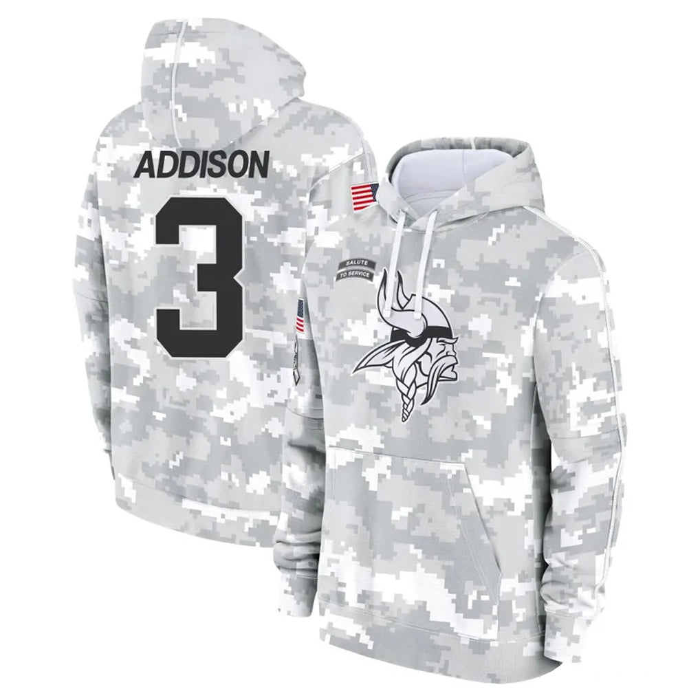 M.Vikings #3 Jordan Addison Player Arctic Camo Salute to Service Pullover Hoodies Limited Game Odoa Stitched Jerseys